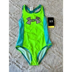 Under Armour Girls' Racer 1-Piece Swimsuit Green Blue Size 7 New
